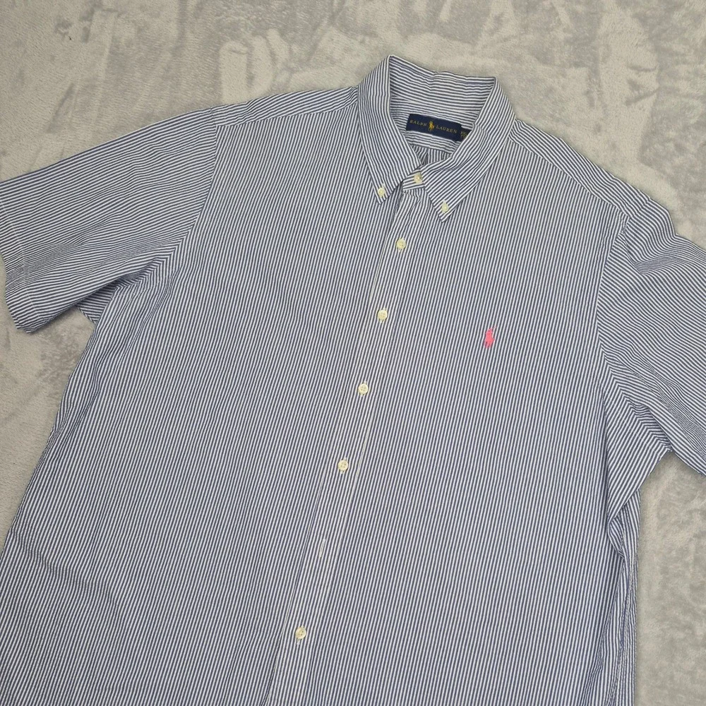 Ralph Lauren Short Sleeve Mens XXL Blue White Striped Seersucker Shirt Pink Pony